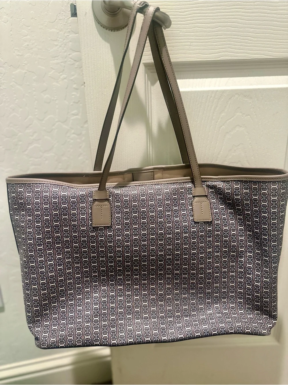 Tory Burch Gemini Link Canvas Tote Bag Gray/Taupe Stripe Shoulder Bag